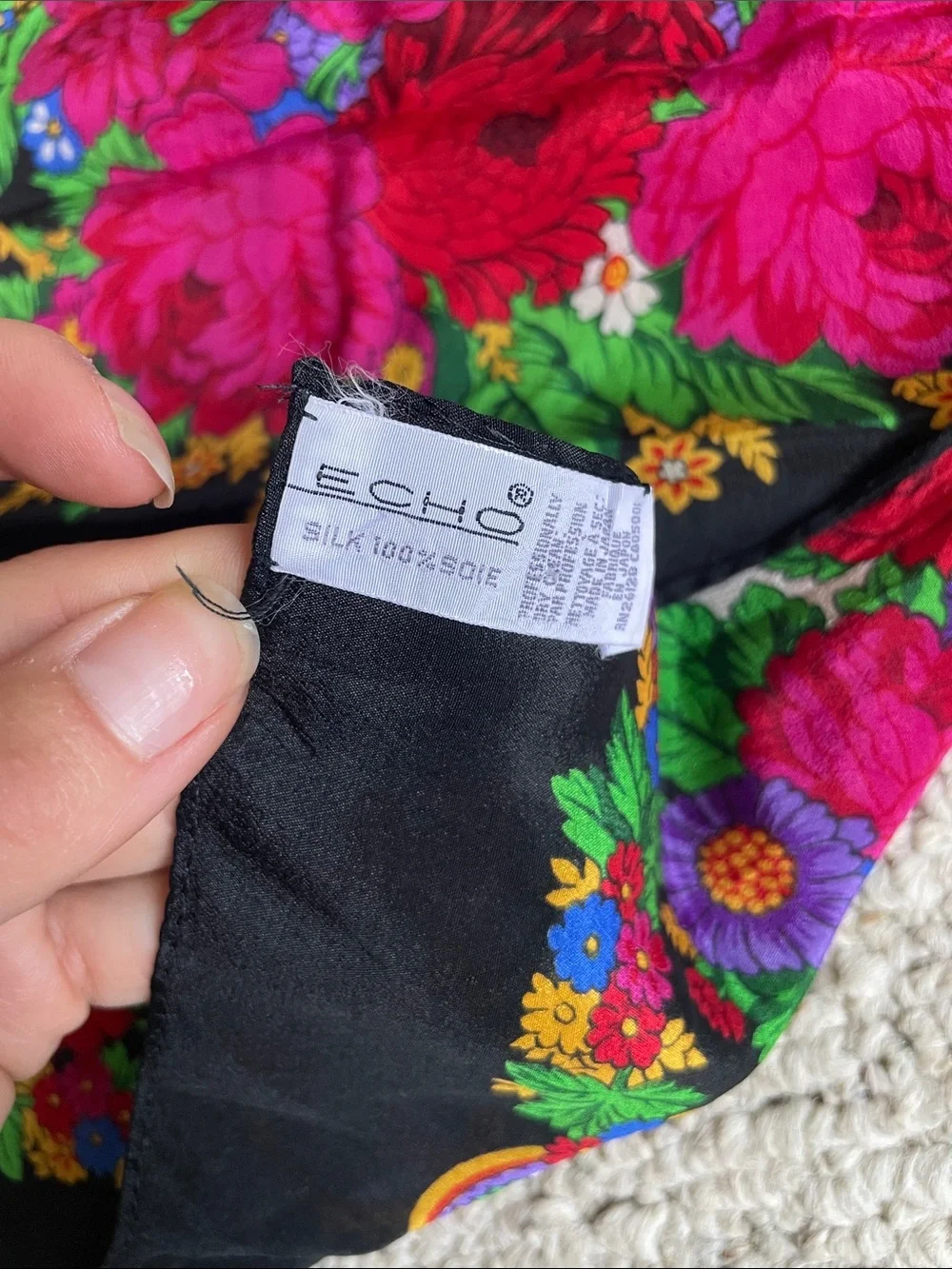 Echo Floral Vintage Silk Versatile Scarf in Black, Fuchsia and Green